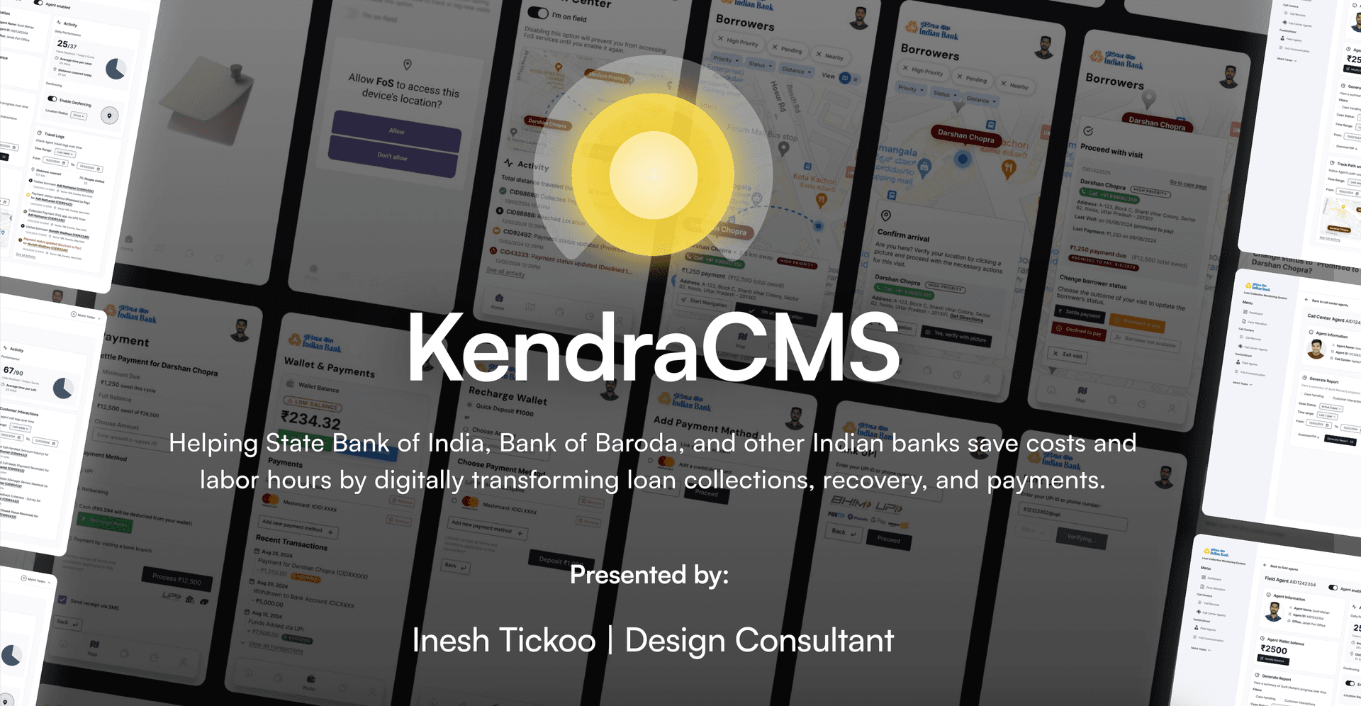 KendraCMS: mobile app screens for loan collections, recovery, and payments