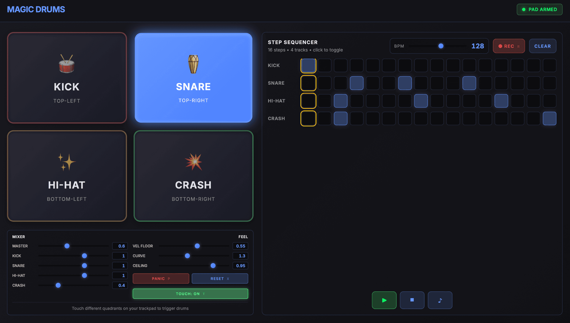Magic Drums app: drum pads, step sequencer, mixer