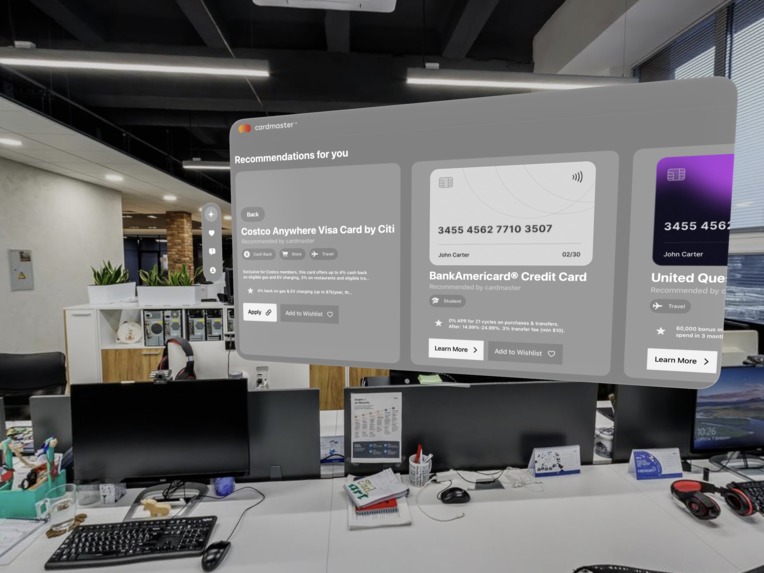 CardMaster VisionOS: AR interface with credit card recommendations overlaid on an office environment